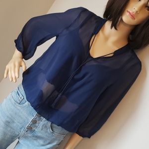 Old Navy Sheer Navy Blue Long Sleeve Peasant Top